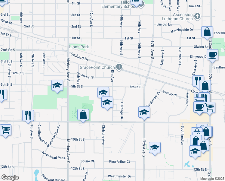 map of restaurants, bars, coffee shops, grocery stores, and more near 530 Elm Avenue in Brookings