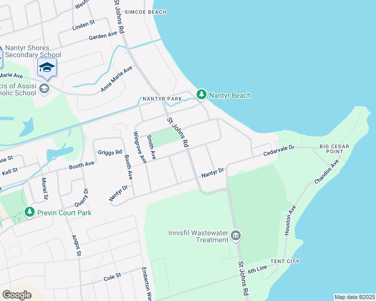 map of restaurants, bars, coffee shops, grocery stores, and more near 1725 Saint Johns Road in Innisfil