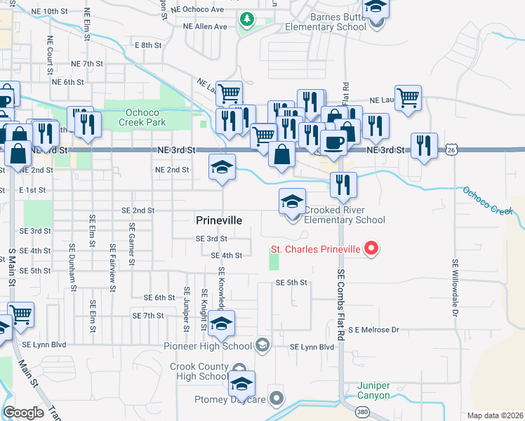 map of restaurants, bars, coffee shops, grocery stores, and more near 1400 Southeast 2nd Street in Prineville