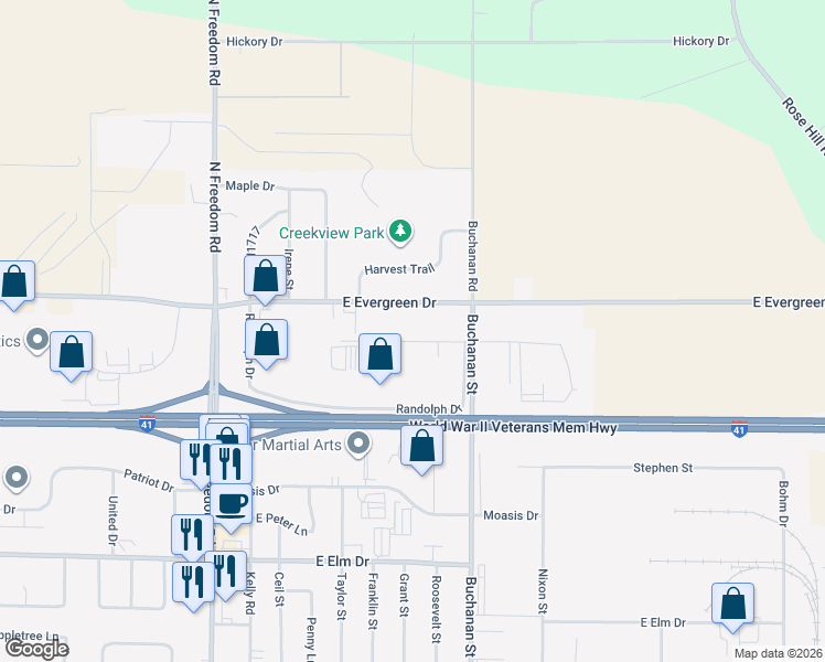 map of restaurants, bars, coffee shops, grocery stores, and more near 929 East Evergreen Drive in Kaukauna
