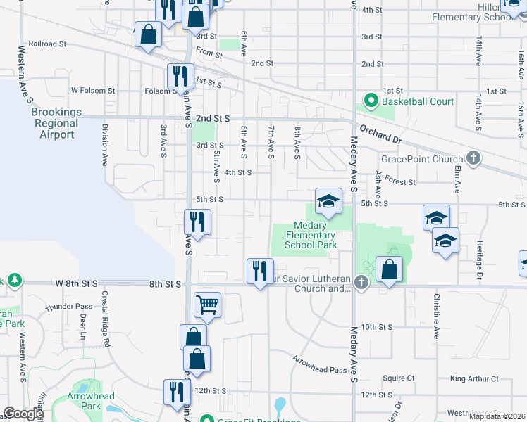 map of restaurants, bars, coffee shops, grocery stores, and more near 419 7th Avenue South in Brookings