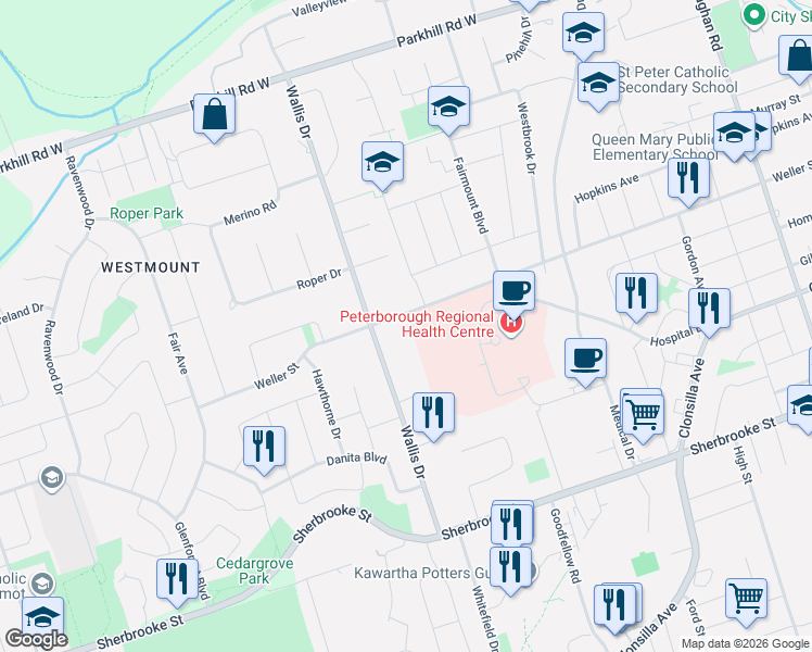 map of restaurants, bars, coffee shops, grocery stores, and more near 931 Weller Street in Peterborough