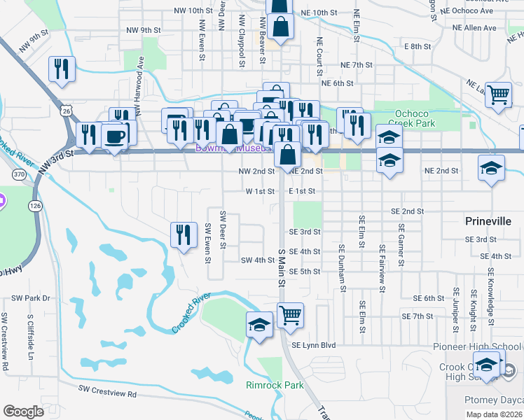 map of restaurants, bars, coffee shops, grocery stores, and more near 143 Southwest Beaver Street in Prineville