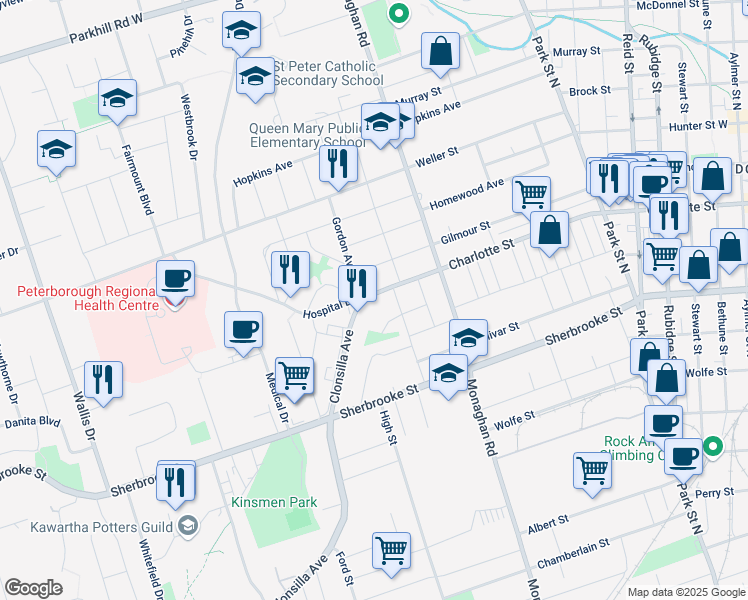 map of restaurants, bars, coffee shops, grocery stores, and more near 641 Charlotte Street in Peterborough