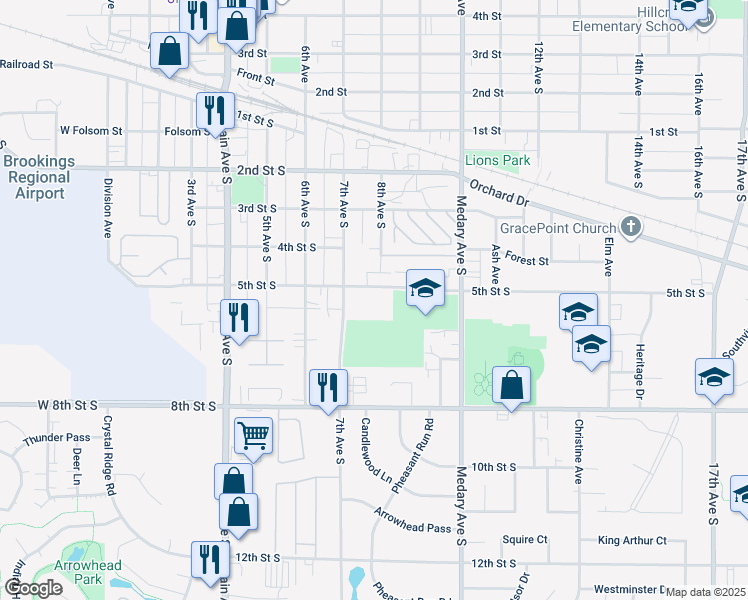 map of restaurants, bars, coffee shops, grocery stores, and more near 718 5th Street South in Brookings