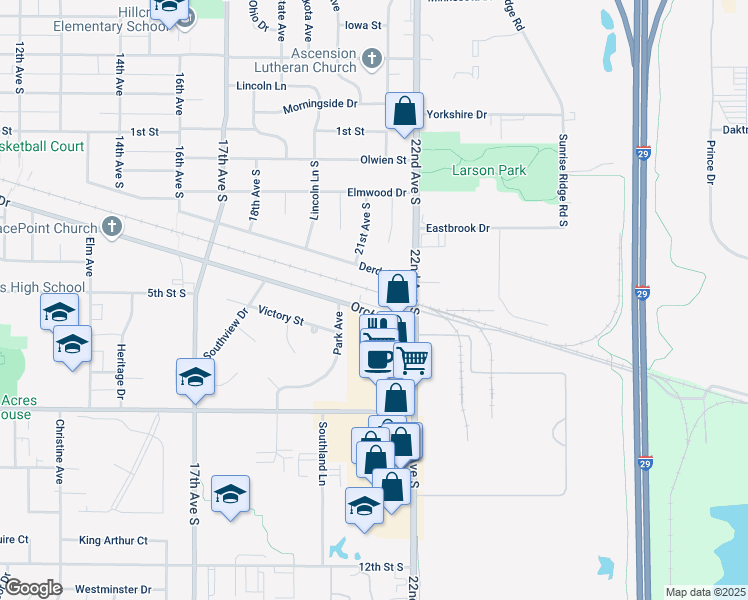 map of restaurants, bars, coffee shops, grocery stores, and more near 2132 Derdall Drive in Brookings