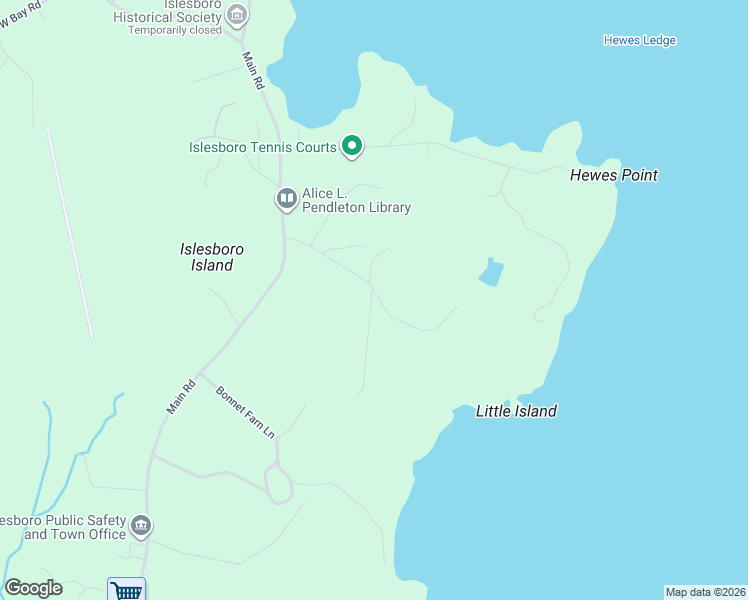 map of restaurants, bars, coffee shops, grocery stores, and more near 136 County Road in Islesboro