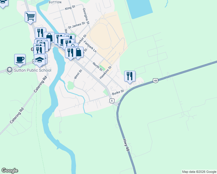 map of restaurants, bars, coffee shops, grocery stores, and more near 33 High Street in Georgina