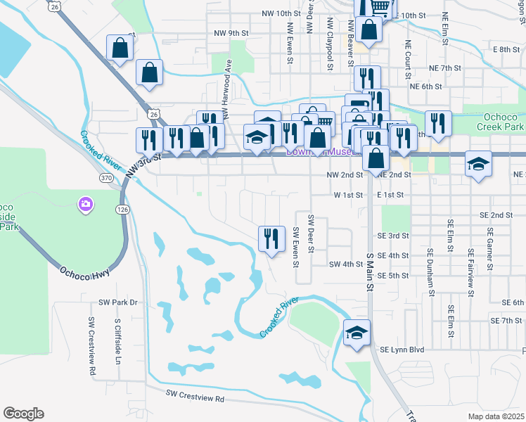 map of restaurants, bars, coffee shops, grocery stores, and more near 620 Northwest 2nd Street in Prineville