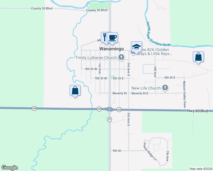 map of restaurants, bars, coffee shops, grocery stores, and more near 500 Main Street in Wanamingo