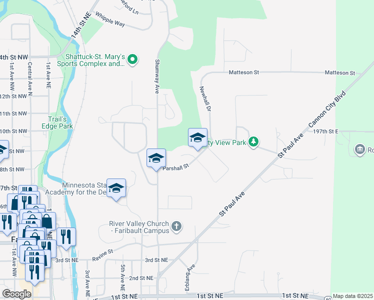 map of restaurants, bars, coffee shops, grocery stores, and more near 828 Vardon Ct in Faribault