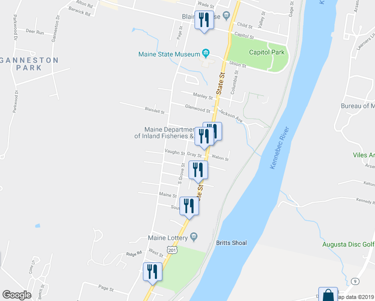 map of restaurants, bars, coffee shops, grocery stores, and more near 7 Gray Street in Augusta
