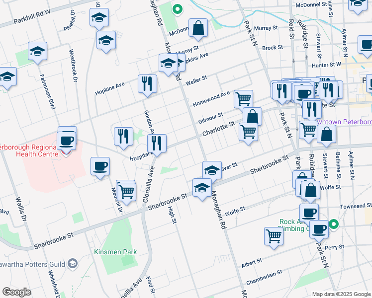 map of restaurants, bars, coffee shops, grocery stores, and more near 1307 Hazeldean Avenue in Peterborough