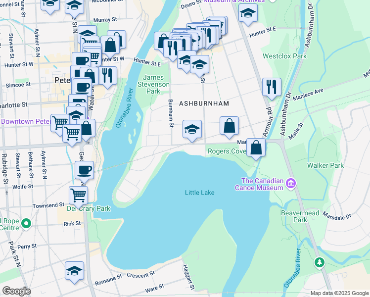 map of restaurants, bars, coffee shops, grocery stores, and more near 47 Maria Street in Peterborough