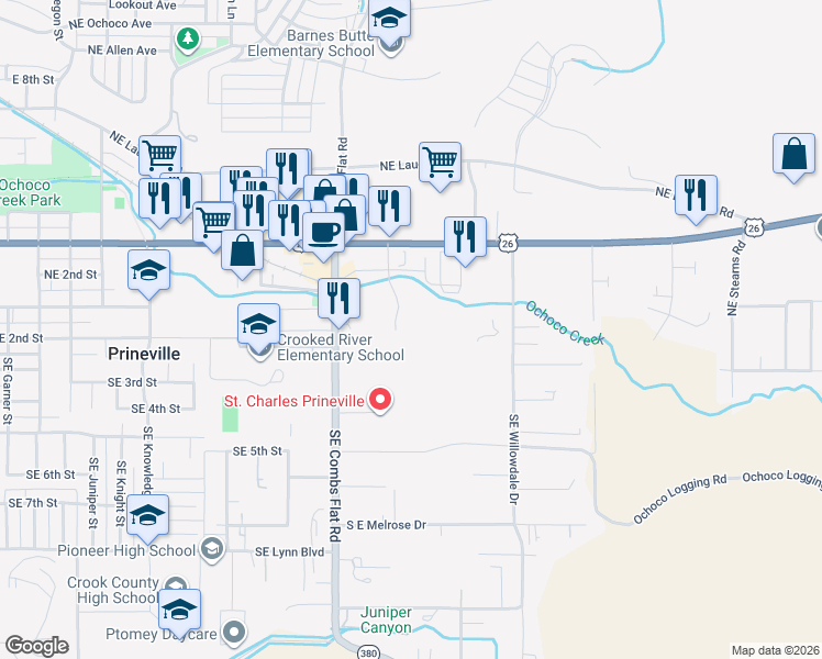 map of restaurants, bars, coffee shops, grocery stores, and more near 127 Southeast Willowdale Drive in Prineville
