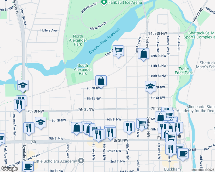 map of restaurants, bars, coffee shops, grocery stores, and more near 528 9th Street Northwest in Faribault