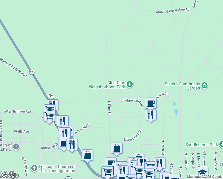 map of restaurants, bars, coffee shops, grocery stores, and more near 1109 North Forest Edge Drive in Sisters