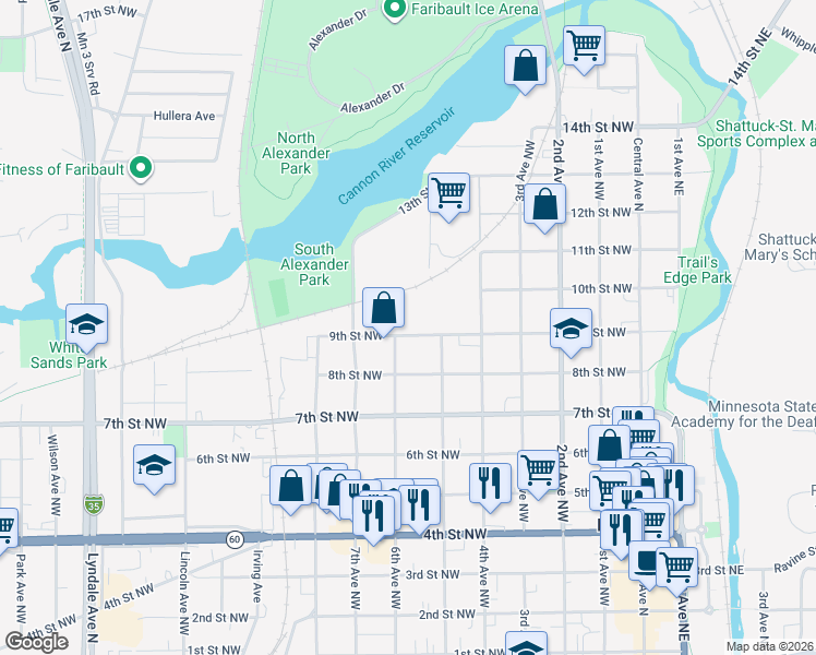 map of restaurants, bars, coffee shops, grocery stores, and more near 528 9th Street Northwest in Faribault