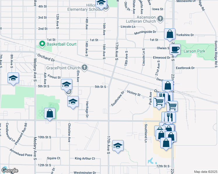 map of restaurants, bars, coffee shops, grocery stores, and more near 500 17th Avenue South in Brookings