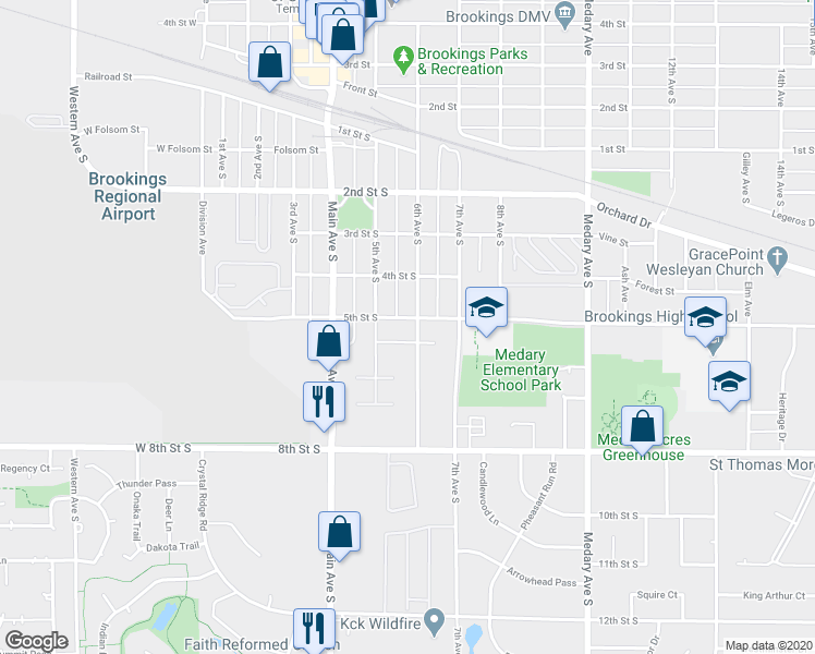 map of restaurants, bars, coffee shops, grocery stores, and more near 504 6th Avenue South in Brookings