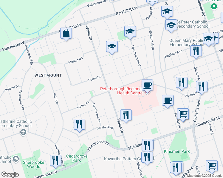 map of restaurants, bars, coffee shops, grocery stores, and more near 948 Weller Street in Peterborough