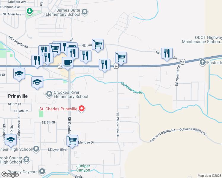 map of restaurants, bars, coffee shops, grocery stores, and more near 127 Southeast Willowdale Drive in Prineville