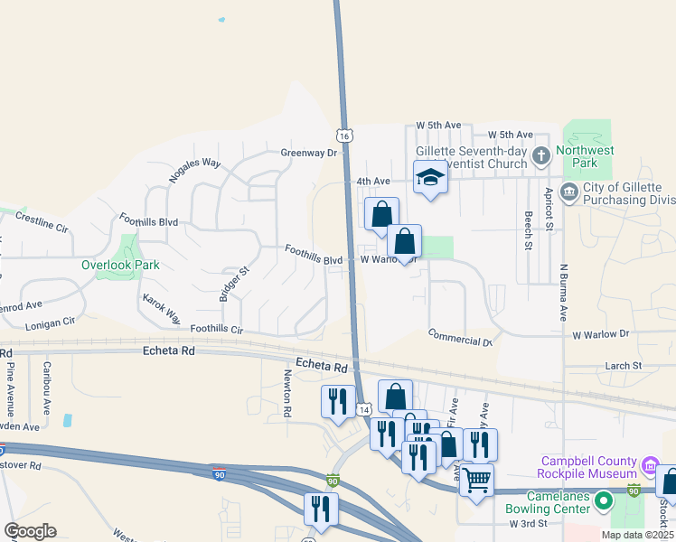 map of restaurants, bars, coffee shops, grocery stores, and more near 719 U.S. 14 in Gillette