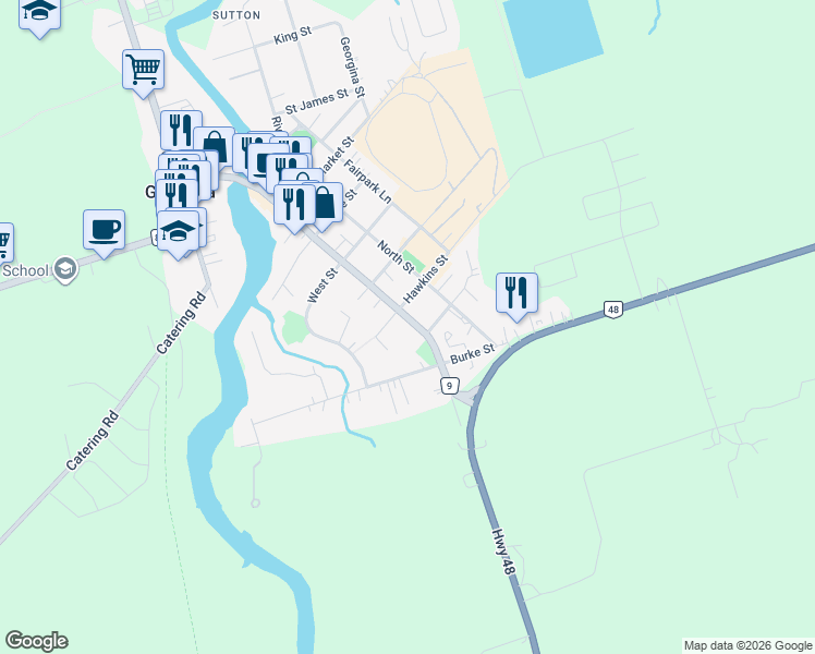 map of restaurants, bars, coffee shops, grocery stores, and more near 58 High Street in Georgina