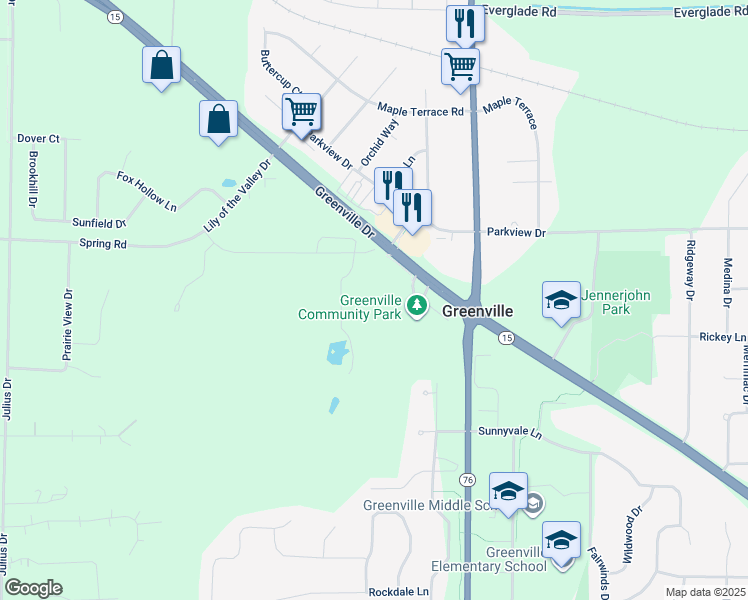 map of restaurants, bars, coffee shops, grocery stores, and more near Greenville Drive in Greenville