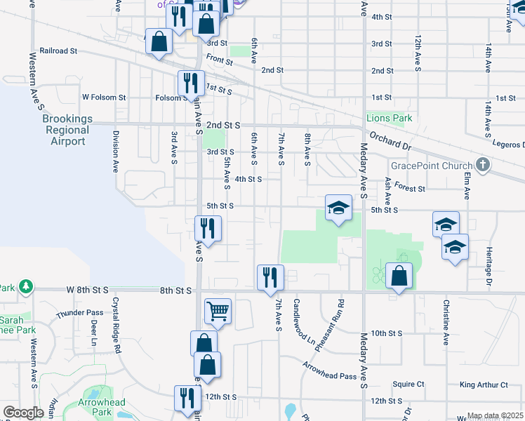 map of restaurants, bars, coffee shops, grocery stores, and more near 423 6th Avenue South in Brookings