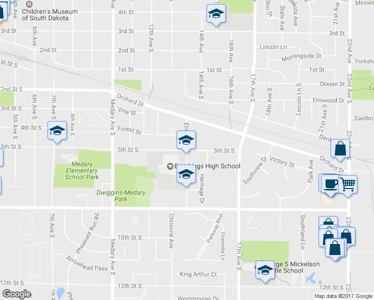 map of restaurants, bars, coffee shops, grocery stores, and more near 1401 5th Street South in Brookings
