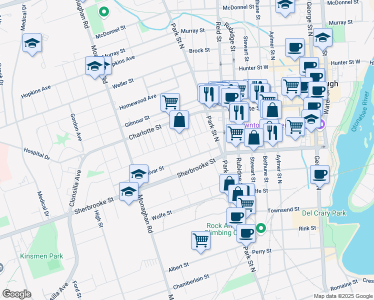 map of restaurants, bars, coffee shops, grocery stores, and more near 271 Thomas Street in Peterborough