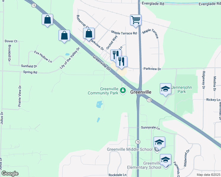 map of restaurants, bars, coffee shops, grocery stores, and more near Greenville Drive in Greenville