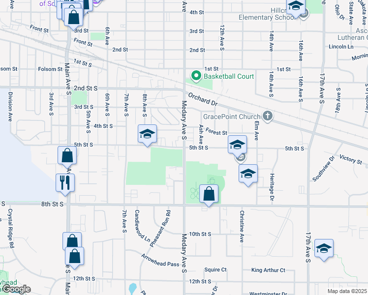 map of restaurants, bars, coffee shops, grocery stores, and more near 500 Medary Avenue South in Brookings