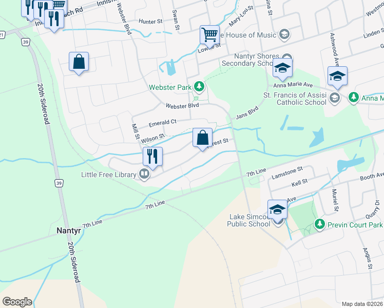 map of restaurants, bars, coffee shops, grocery stores, and more near 1280 Forest Street in Innisfil