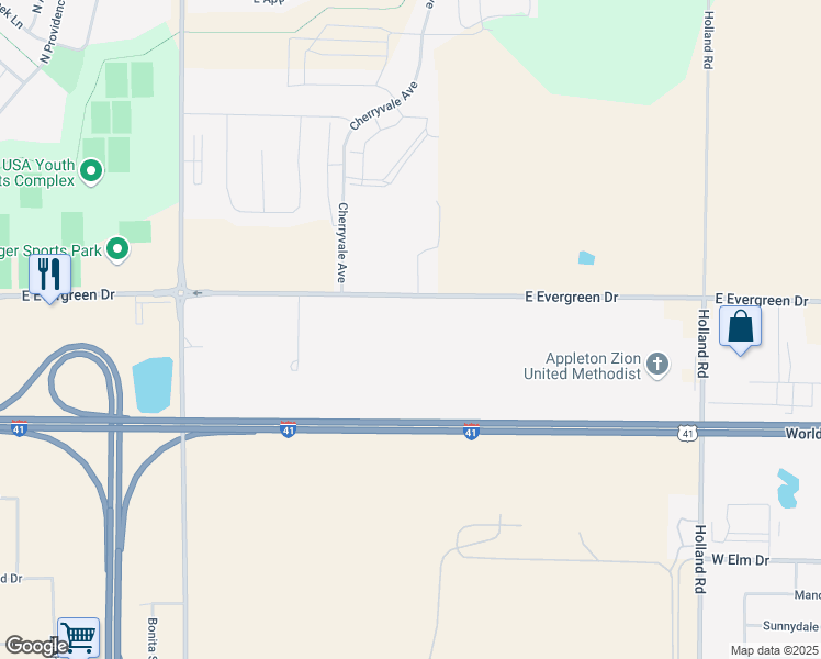map of restaurants, bars, coffee shops, grocery stores, and more near W2125 Evergreen Drive in Kaukauna