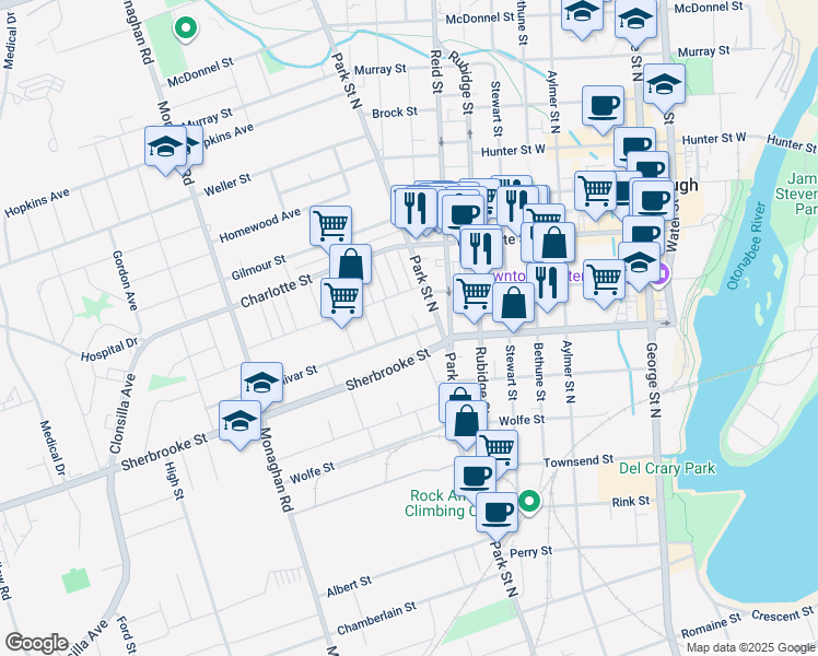 map of restaurants, bars, coffee shops, grocery stores, and more near in Peterborough