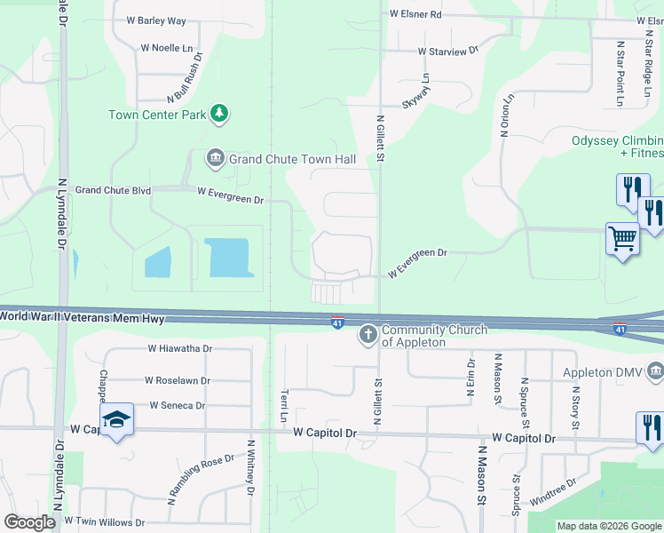 map of restaurants, bars, coffee shops, grocery stores, and more near 1618 West Evergreen Drive in Appleton
