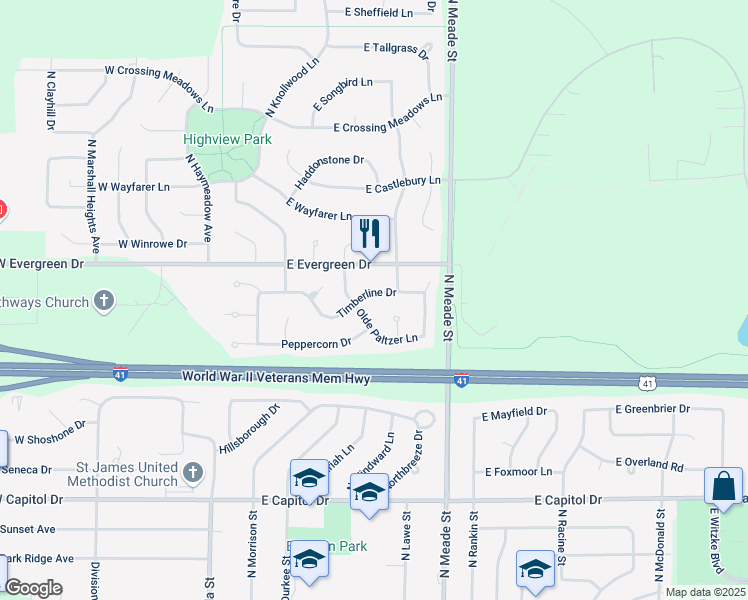 map of restaurants, bars, coffee shops, grocery stores, and more near 511 Timberline Drive in Appleton