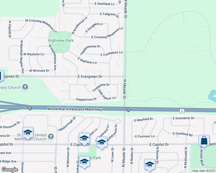 map of restaurants, bars, coffee shops, grocery stores, and more near 511 Timberline Drive in Appleton
