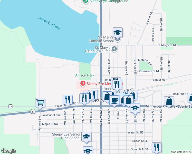 map of restaurants, bars, coffee shops, grocery stores, and more near 317 Current Street Northwest in Sleepy Eye