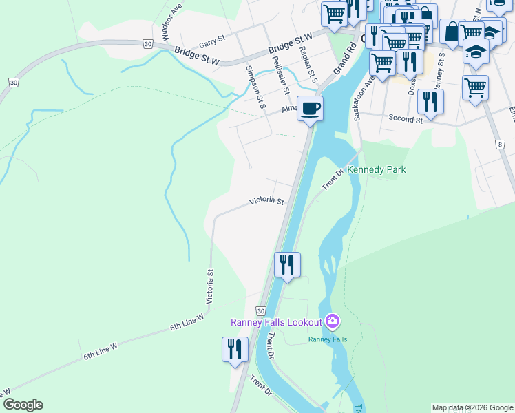 map of restaurants, bars, coffee shops, grocery stores, and more near 225 Victoria Street in Campbellford