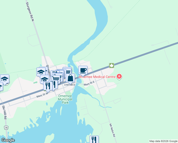 map of restaurants, bars, coffee shops, grocery stores, and more near 73 King Street East in Kawartha Lakes