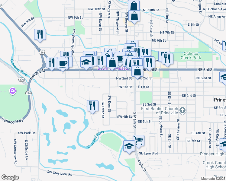 map of restaurants, bars, coffee shops, grocery stores, and more near 150 Southwest Deer Street in Prineville