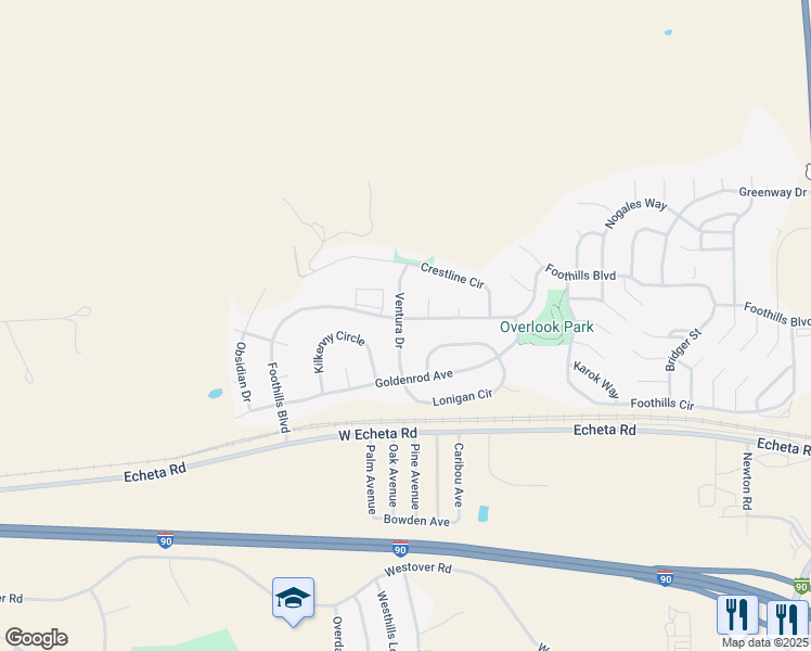 map of restaurants, bars, coffee shops, grocery stores, and more near 3407 Foothills Boulevard in Gillette