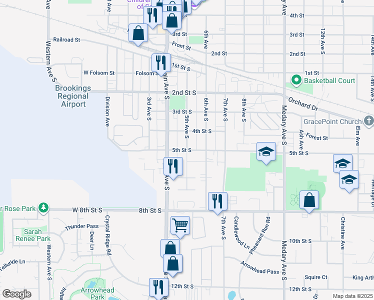 map of restaurants, bars, coffee shops, grocery stores, and more near 501 5th Avenue South in Brookings