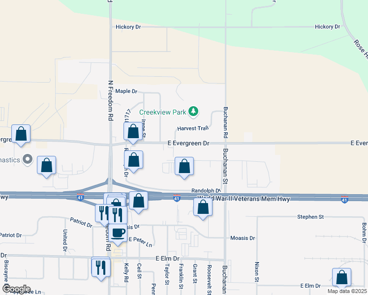 map of restaurants, bars, coffee shops, grocery stores, and more near W2375 Evergreen Drive in Kaukauna