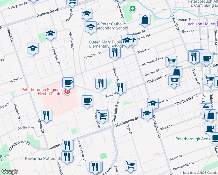 map of restaurants, bars, coffee shops, grocery stores, and more near in Peterborough