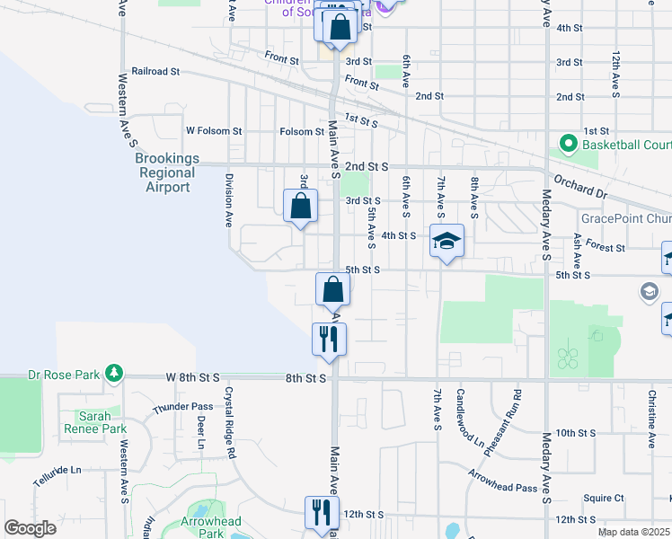 map of restaurants, bars, coffee shops, grocery stores, and more near 399 5th Street South in Brookings