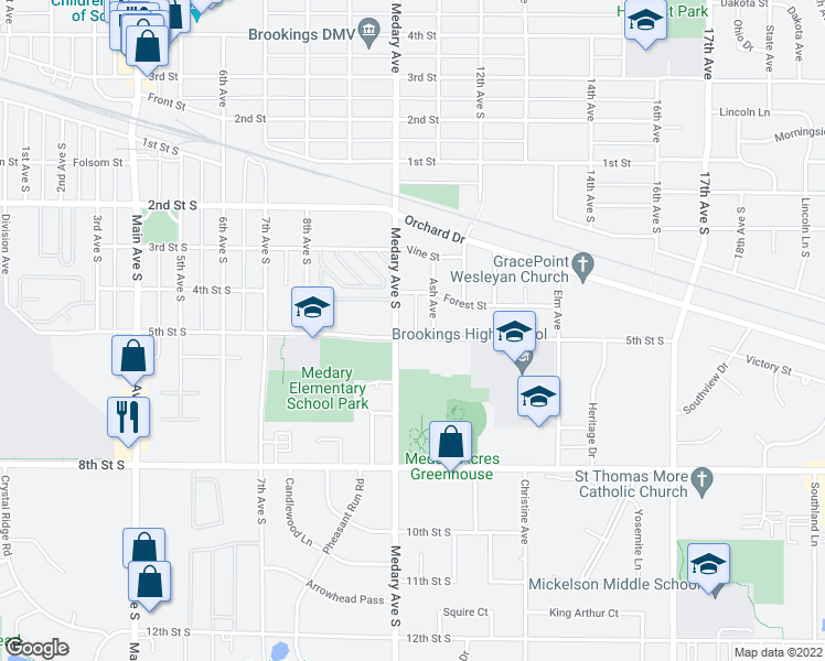 map of restaurants, bars, coffee shops, grocery stores, and more near 1005 5th Street South in Brookings